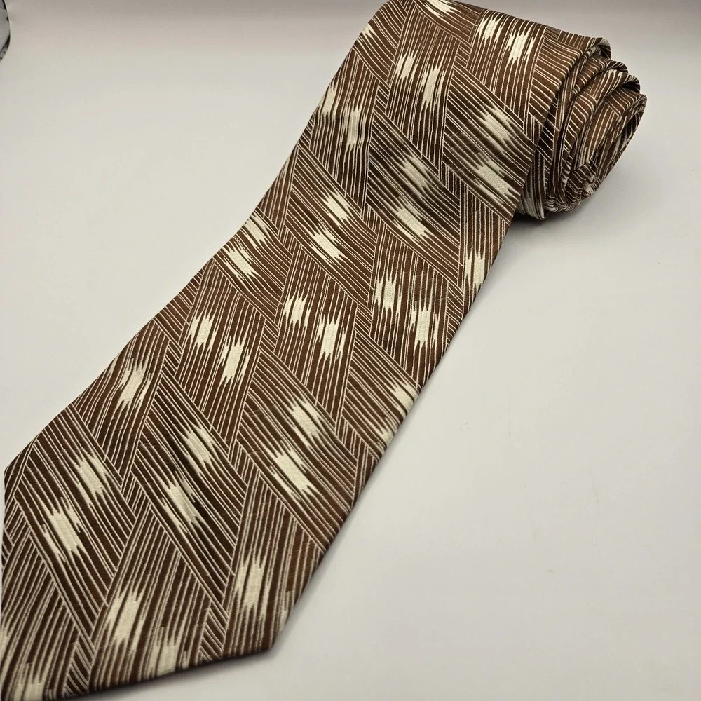 Steven Land Men's Necktie Tie Silk Weave Geometric Abstract Brown